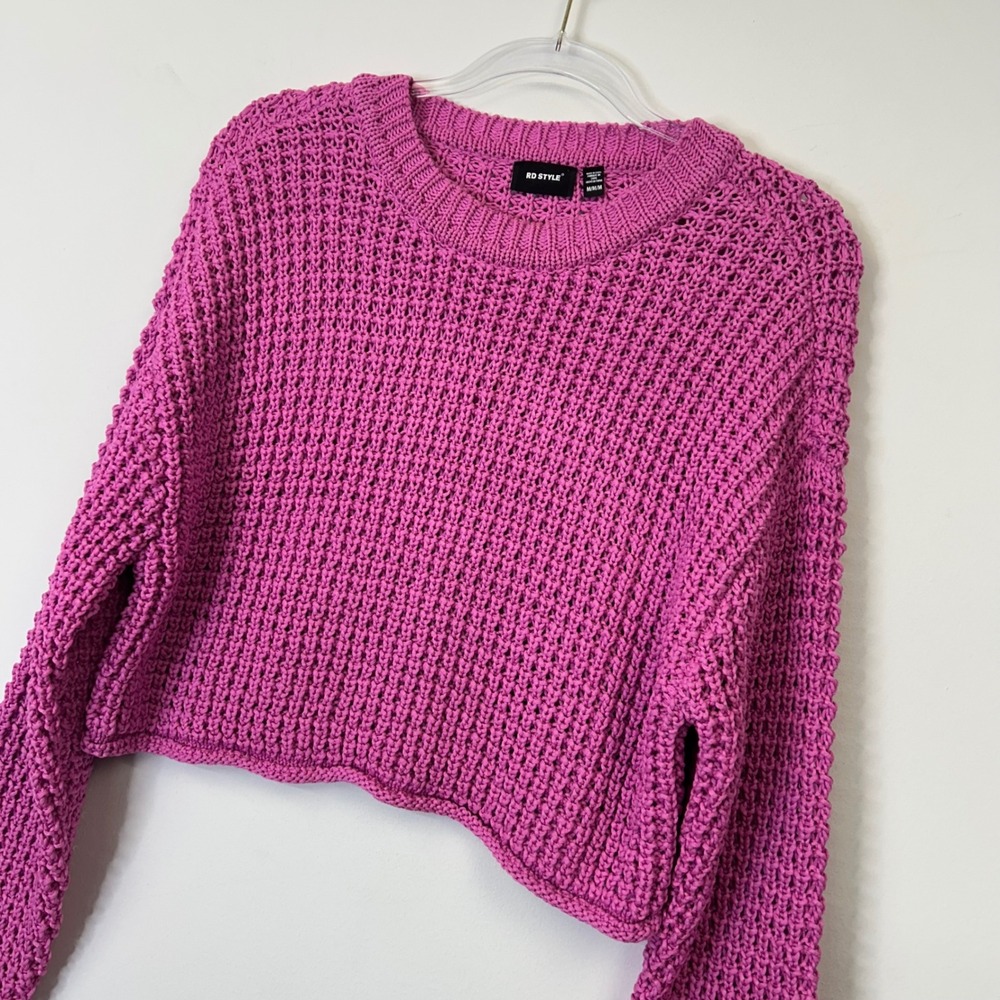 Rd Style Darla Crewneck‎ Cropped Sweater Women's Size Medium Pink Crochet Knit - Picture 3 of 10